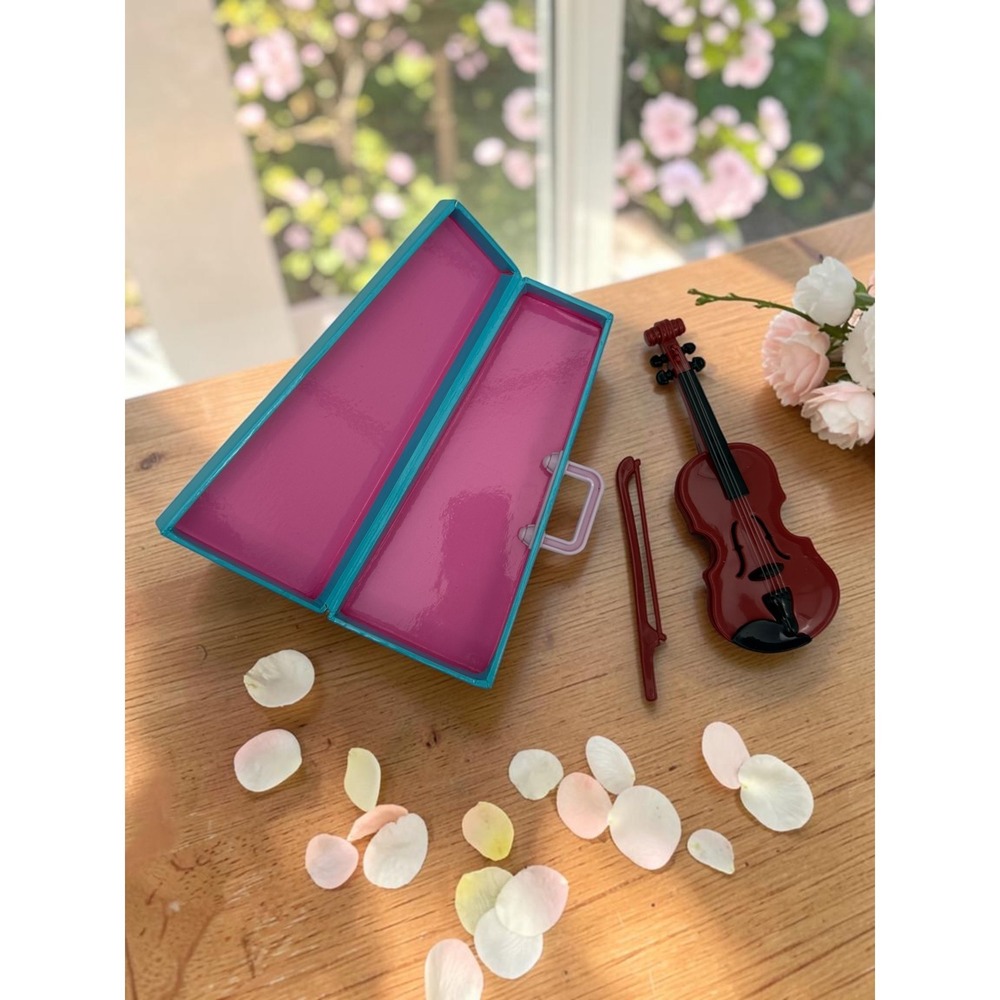 Miniature Doll Musical Instrument Set Violin Clarinet Music Stand Case Pink Teal